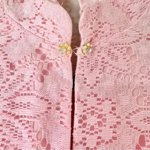 Vintage 70s Pink Lace & Chiffon Mock Neck Bishop Sleeves Maxi Dress Size Small - Picture 3 of 9
